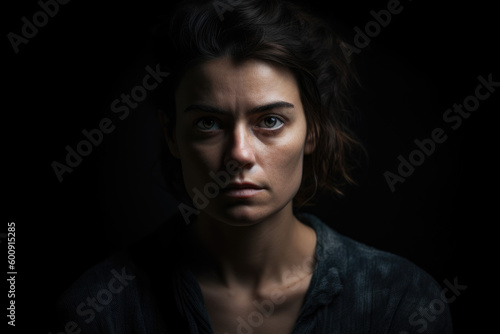 Resentful portrait of a woman in a studio environment with a sullen expression and a brooding mood, generative ai photo