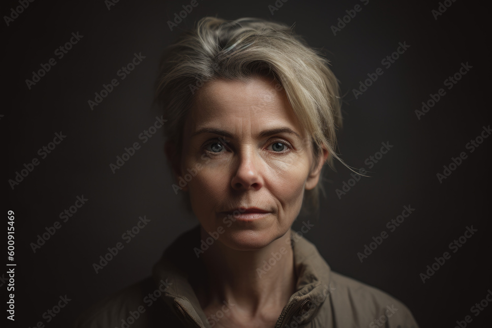Vulnerable portrait of a woman with a fragile and emotional expression captured in a soft and muted studio setting, generative ai