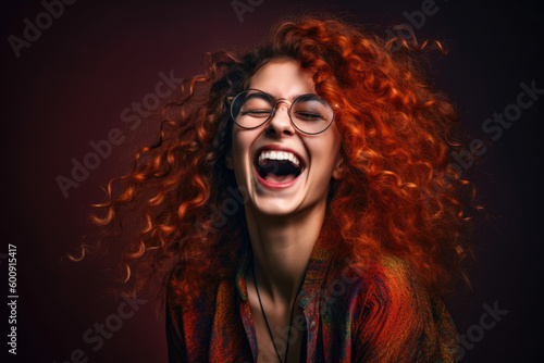 Vibrant portrait of a jubilant woman expressing pure excitement and delight, with a bright and bold studio background, generative ai