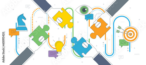 Hands holding puzzle pieces and and message icons with feedback texts. Concept of teamwork, cooperation, partnership, success, team, business, strategy and feedback. Thin line flat vector illustration
