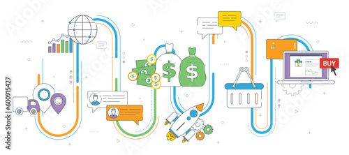 Global economy, business chart and trade success. Money and success in startup. Finance, business, startup and e-commerce icons, chart and data. Thin line flat vector illustration.