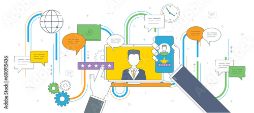 Evaluation of online support, contract service or purchase product. Customer testimonials, vote and feedback, rating and liked. Concept of technology on business. Thin line flat vector illustration.