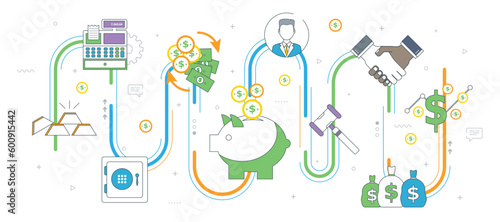 Finance and economy, investment, savings and business. Coin deposit in piggy bank, handshake between businessman. Safe, gold, cash register and money icons. Thin line flat vector illustration.