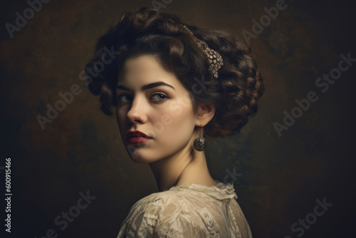 Vintage-inspired portrait of a woman with an elaborate hairstyle, her disappointed gaze captured against a timeless, textured studio background, generative ai