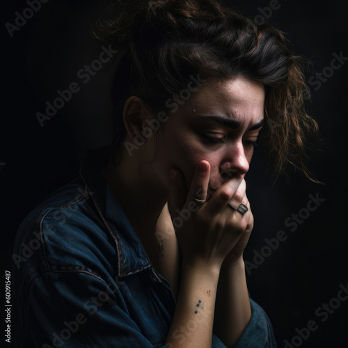Woman Overcome with Sadness and Grief on a Dark Studio Background, generative ai