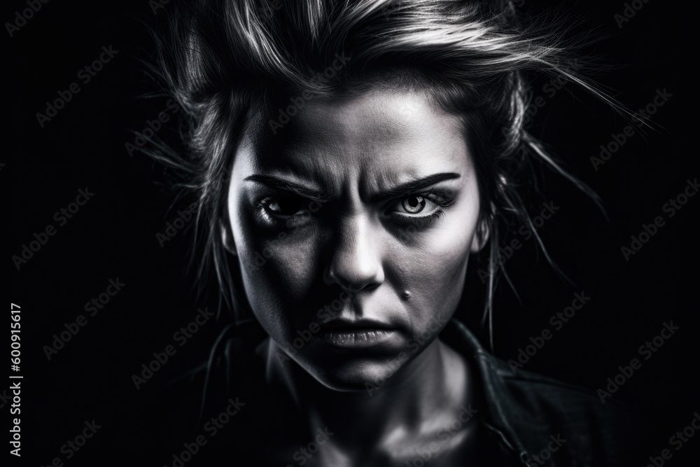 Angry female portrait captured in a high-contrast, black and white studio setting with dramatic lighting and intense shadows, generative ai