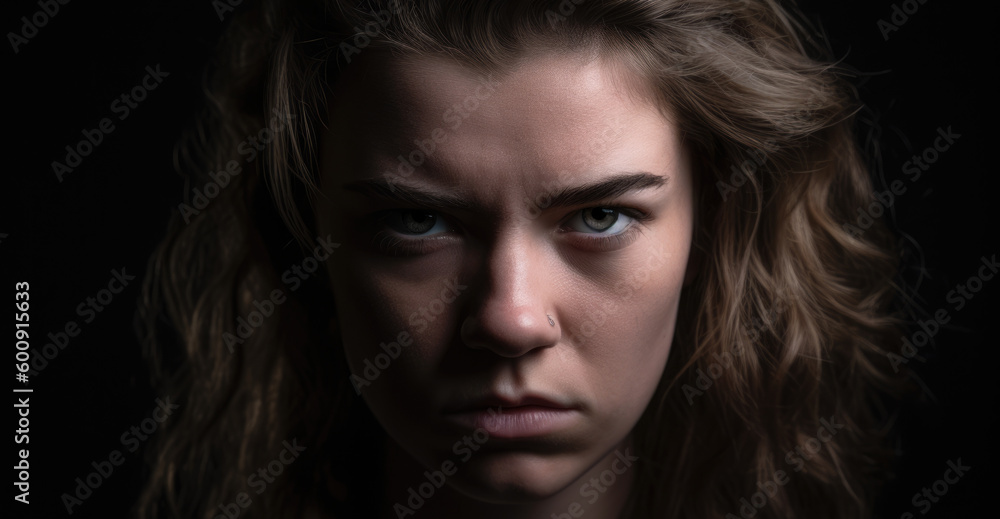 attractive and intense female portrait showcasing anger in a studio setting with soft lighting and subtle shadows, generative ai