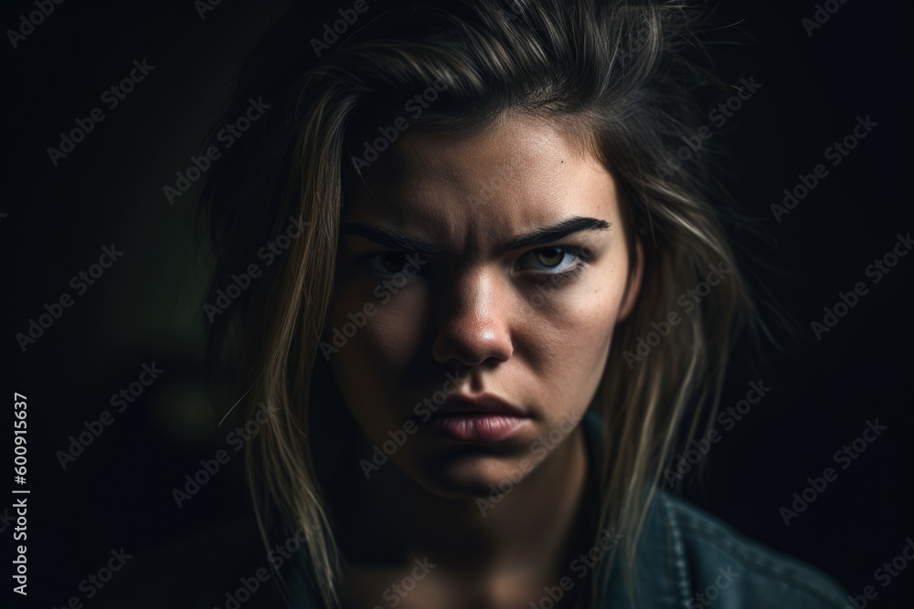 attractive and intense female portrait showcasing anger in a studio setting with soft lighting and subtle shadows, generative ai attractive and intense female portrait showcasing anger in a studio setting with soft lighting and subtle shadows, generative ai
