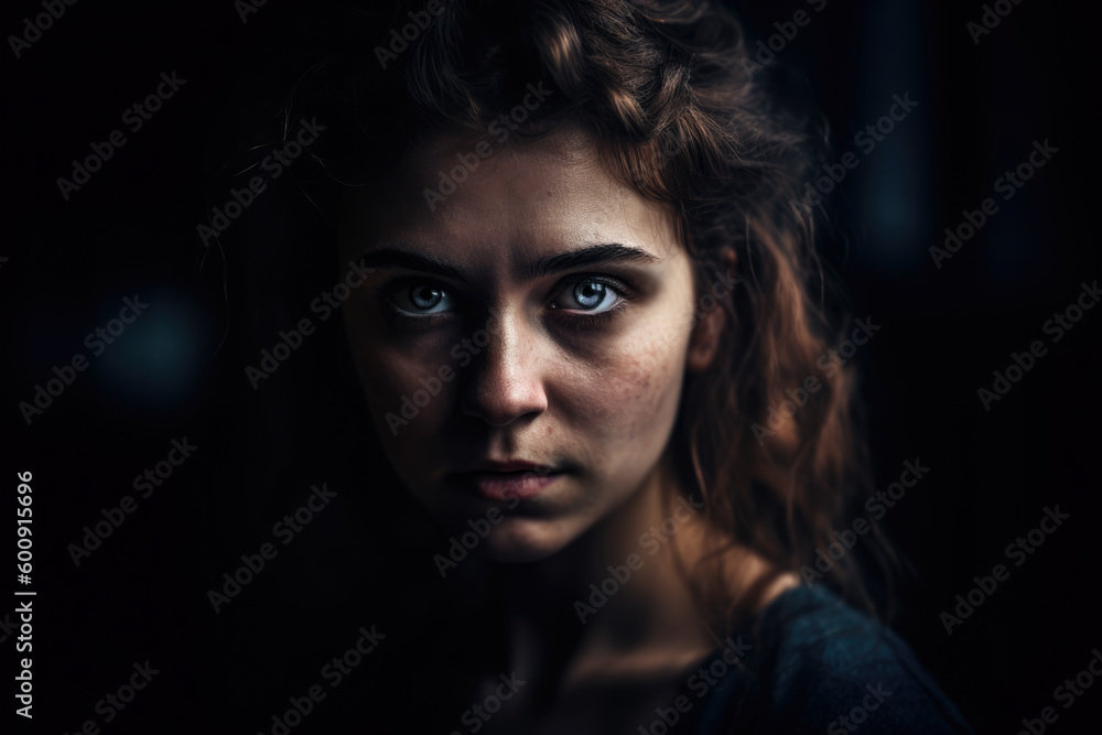 Captivating portrait of a frightened woman with piercing eyes and a shadowy background, conveying a sense of mystery and intrigue, generative ai