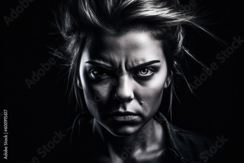 Angry female portrait captured in a high-contrast, black and white studio setting with dramatic lighting and intense shadows, generative ai