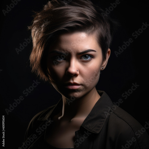 attractive and intense female portrait showcasing anger in a studio setting with soft lighting and subtle shadows, generative ai