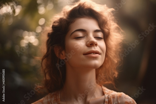Blissful Woman with Closed Eyes and Gentle Smile Embracing the Serenity of Nature, generative ai