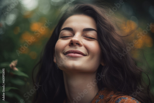 Blissful Woman with Closed Eyes and Gentle Smile Embracing the Serenity of Nature, generative ai © aicandy