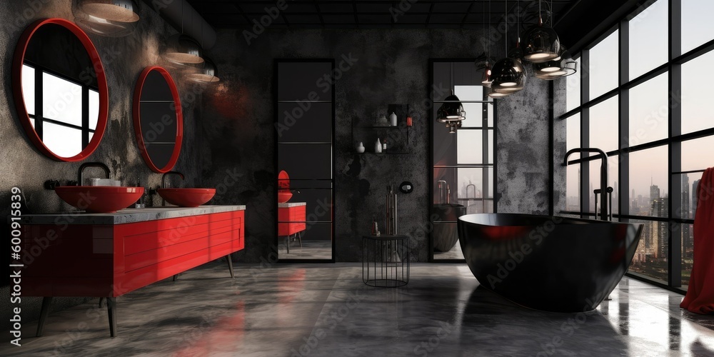 Modern and contemporary luxuruous bathroom interior design concept. With marbre, glass and concrete, bright and spacious. Black red and white. Generative AI illustration. Modern and contemporary luxuruous bathroom interior design concept. With marbre, glass and concrete, bright and spacious. Black red and white. Generative AI illustration.