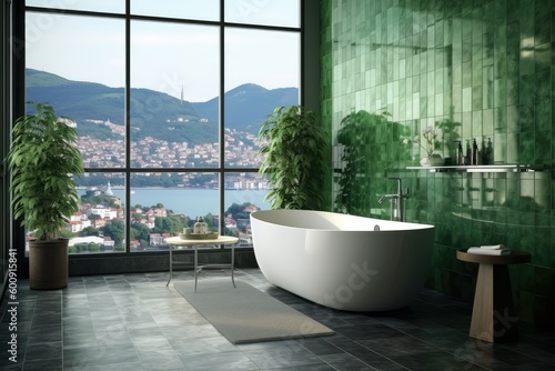 Modern and contemporary luxuruous bathroom interior design concept. With emerald green marbre, glass and concrete, bright and spacious. Generative AI illustration. © Tuyres
