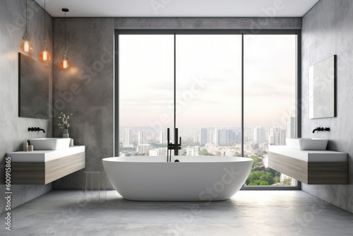 Modern and contemporary luxuruous bathroom interior design concept. With marbre  glass and concrete  bright and spacious. Generative AI illustration.