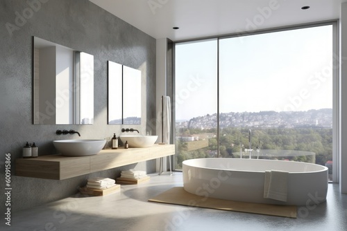 Modern and contemporary luxuruous bathroom interior design concept. With marbre  glass and concrete  bright and spacious. Generative AI illustration.