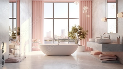 Modern and contemporary luxuruous bathroom interior design concept. With marbre  glass and concrete  bright and spacious. Light pink and white. Generative AI illustration.