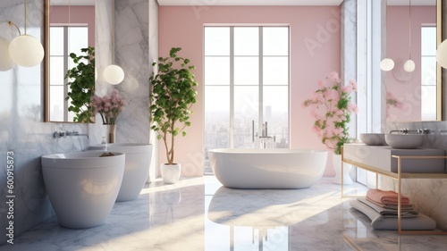 Modern and contemporary luxuruous bathroom interior design concept. With marbre, glass and concrete, bright and spacious. Light pink and white. Generative AI illustration.