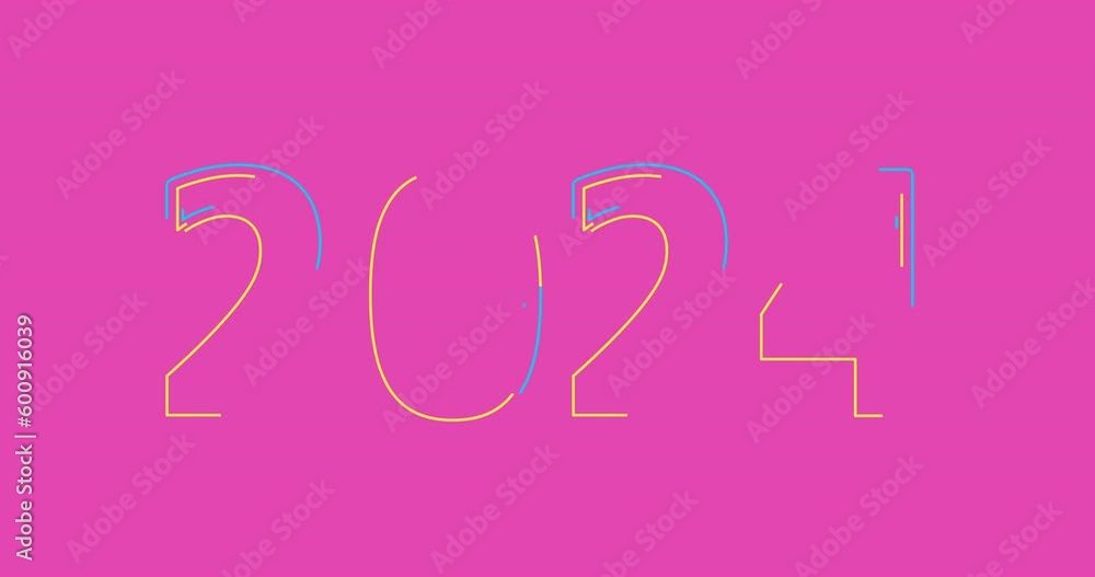 Blue and yellow illuminate digits 2024 new year design with neon glow. Abstract cosmic vibrant color backdrop. Glowing neon Congratulation Happy New Year 2024. Futuristic style loop footage. Blue and yellow illuminate digits 2024 new year design with neon glow. Abstract cosmic vibrant color backdrop. Glowing neon Congratulation Happy New Year 2024. Futuristic style loop footage.