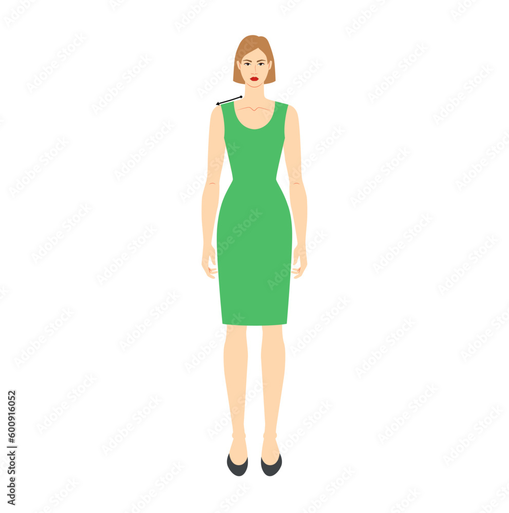 Women to do shoulder measurement body with arrows fashion Illustration for size chart. Flat female character front 8 head size girl in green dress. Human lady infographic template for clothes Women to do shoulder measurement body with arrows fashion Illustration for size chart. Flat female character front 8 head size girl in green dress. Human lady infographic template for clothes