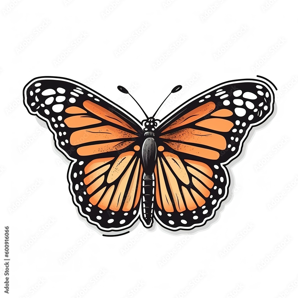 Obraz premium Colorful cartoon sticker of a Monarch butterfly over white background. Generative AI illustration
