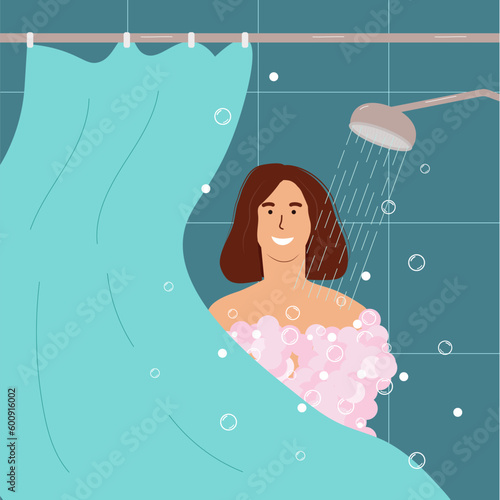 Taking shower, hygiene and relax, bathroom concept. Happy girl in the bathroom. Vector illustration.