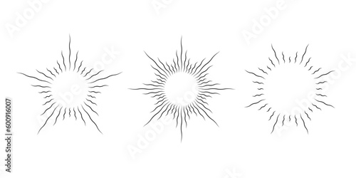 Retro curved sunburst frames set. Vintage wavy sunlight rays pack. Warped curved radial sunbeams design elements for logo, labels, badges, banners. Vector illustration collection
