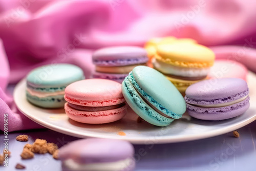 Set french cookies macaroon, pastel colors macaron dessert, sweet tasty cakes. Generative AI