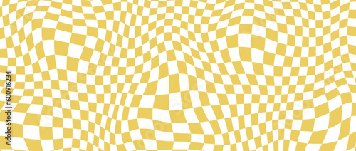 Yellow distorted checkerboard background. Retro psychedelic checkered wallpaper. Wavy groovy chessboard surface. Trippy twisted geometric pattern. Abstract vector backdrop
