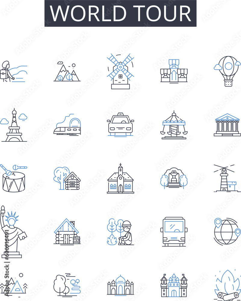 World tour line icons collection. Navigate, Guide, Directions, Pointer, Signpost, Map, Route vector and linear illustration. Compass,Arrow,Indication outline signs set