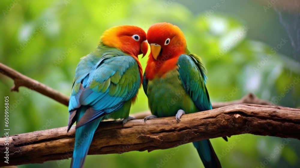 A pair of lovebirds snuggling on a branch. AI generated