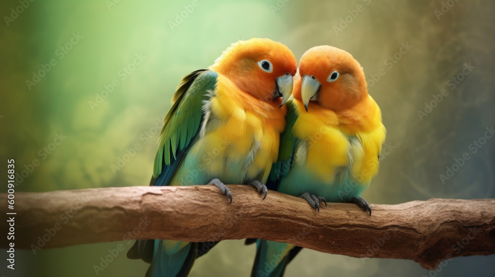 A pair of lovebirds snuggling on a perch. AI generated