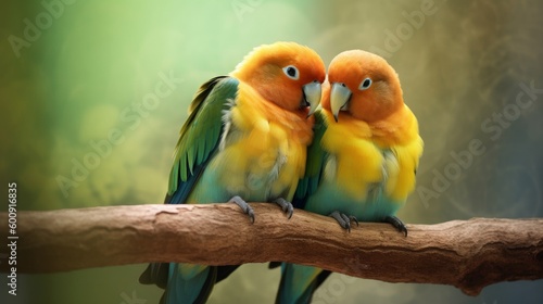 A pair of lovebirds snuggling on a perch. AI generated © ArtStage