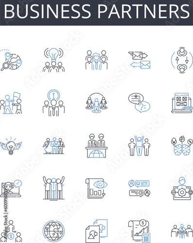 Business Partners line icons collection. Venues, Halls, Conference rooms, Auditoriums, Banquet halls, Ballrooms, Function rooms vector and linear illustration. Meeting spaces,Studios,Convention