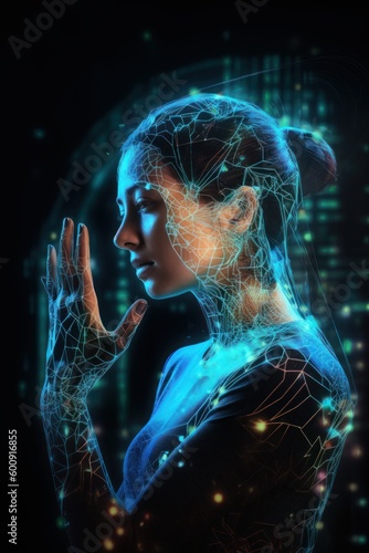 Conceptual image depicting a person utilizing augmented reality to collaborate with an AI system, showcasing the dynamic interaction between human and machine. Created with generative A.I. technology.