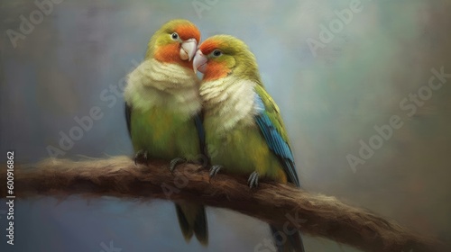 A pair of lovebirds snuggling on a perch. AI generated © ArtStage