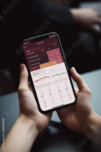 Engaging photograph of hands using an AI-powered financial planning tool on a smartphone, showcasing the efficiency and convenience of the technology. Created with generative A.I. technology.