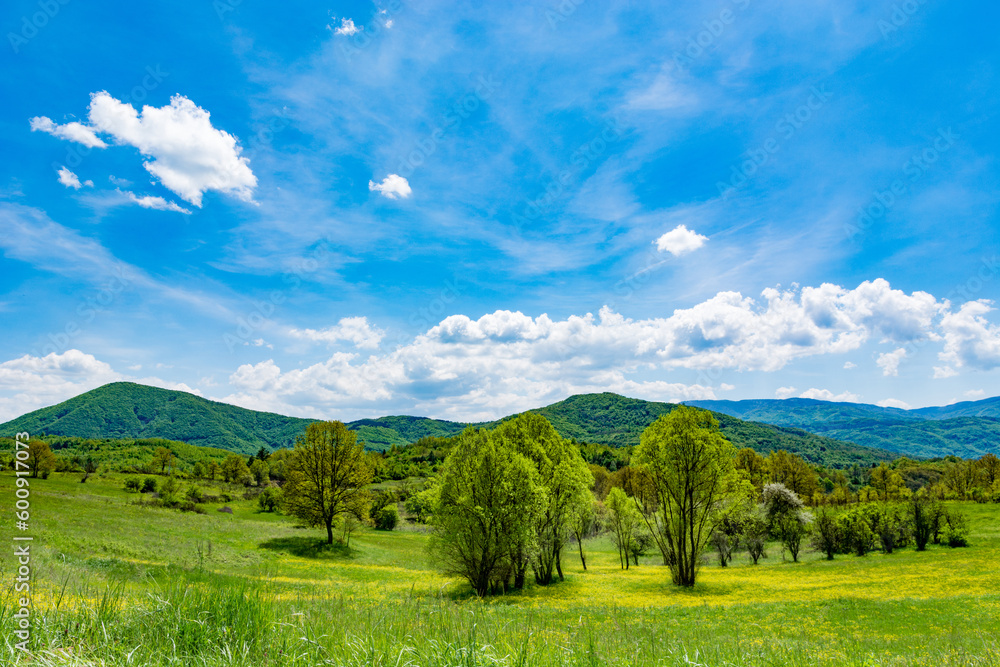 Beautiful panorama with green meadows, hills in the background, and blue sky with white clouds on a spring day in nature. Natural background concept