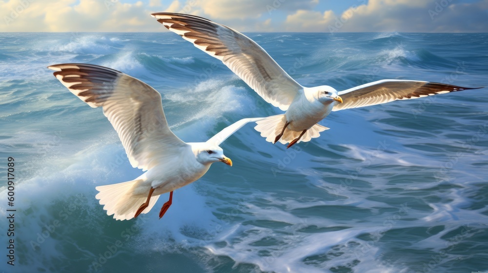 Obraz premium A pair of seagulls flying over the ocean. AI generated