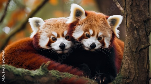 A pair of red pandas cuddling in a tree. AI generated