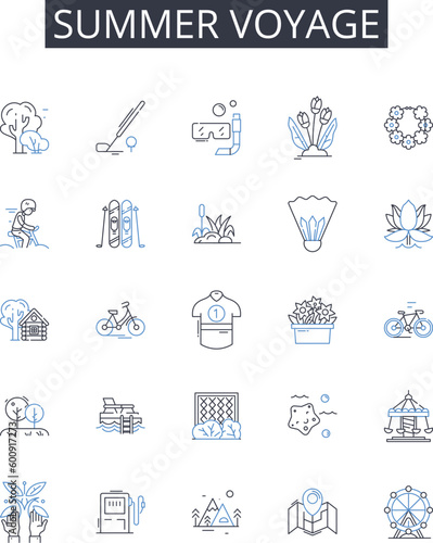 Summer voyage line icons collection. Metropolitans, Neighborhoods, Boulevard, High-rise, Traffic , Sidewalks, Pedestrian vector and linear illustration. Commute,Landmarks,Skyscrapers outline signs set