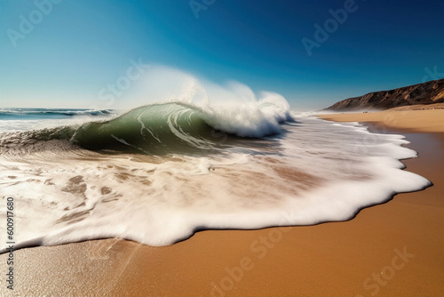 an ocean shore break in front view. Dangerous shore breaking wave. Huge stormy foamy wave. Tsunami. Warning. Powerful ocean waves along of the coast photo