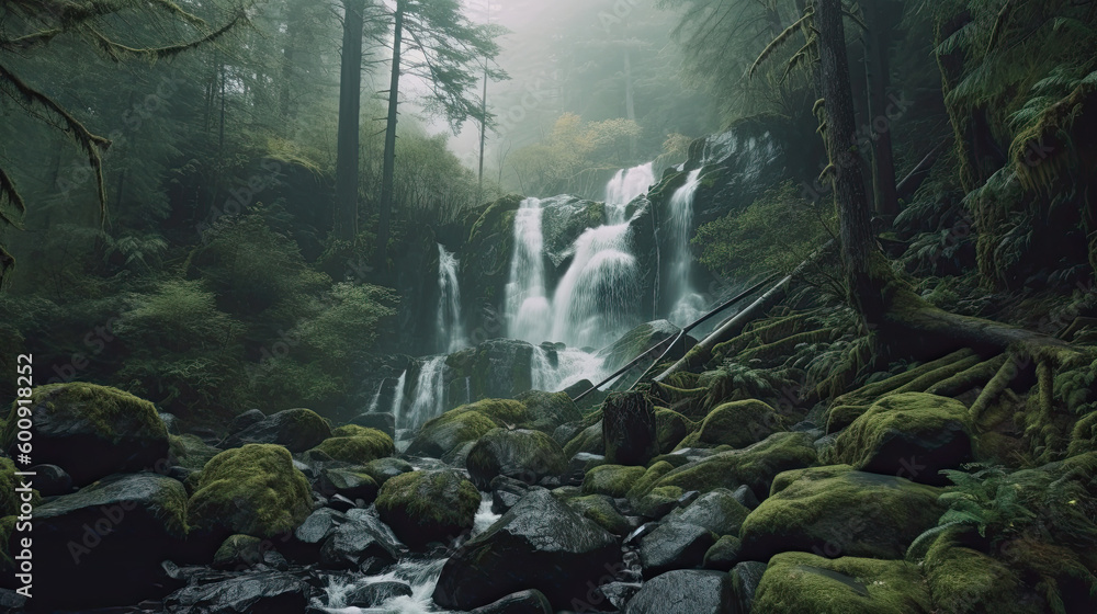 Photo of dense foggy forest with tall trees, ferns, and vines, with a small waterfall flowing through the middle generative ai