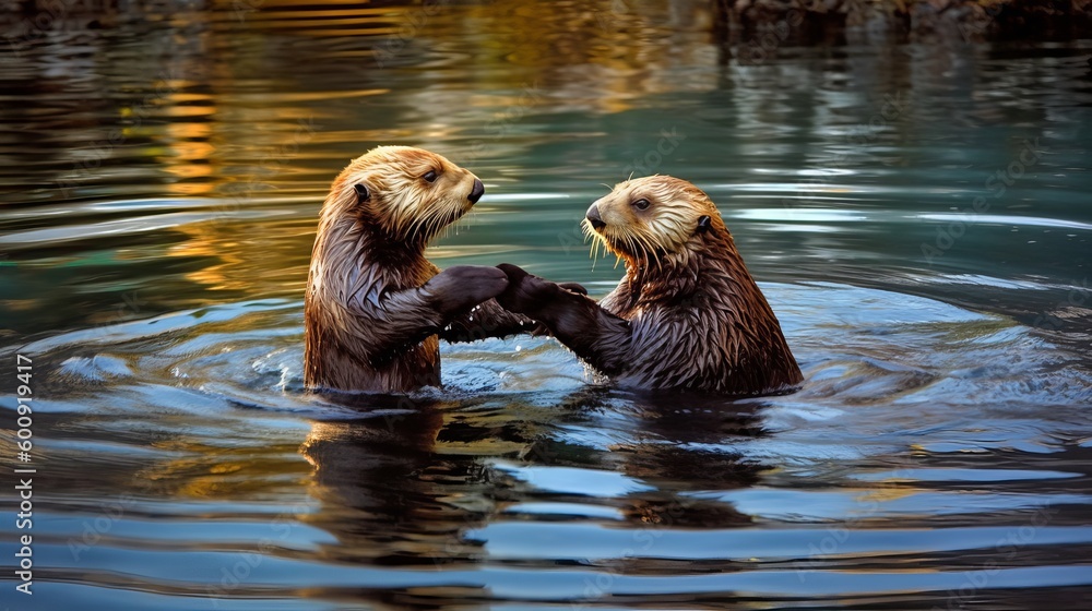 A playful sea otter holding hands with a companion. AI generated A playful sea otter holding hands with a companion. AI generated