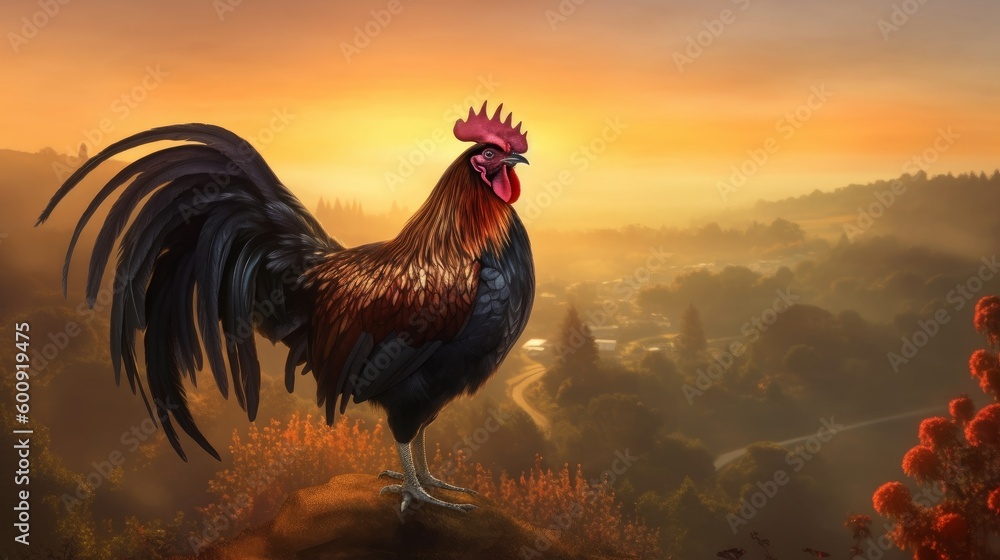 A popular rooster crowing at sunrise. AI generated