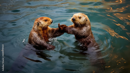 A playful sea otter holding hands with a companion. AI generated