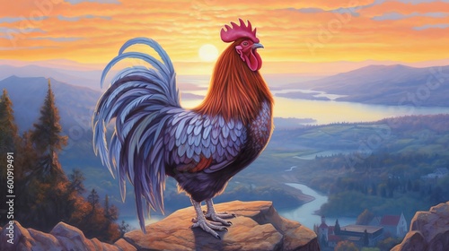 Slika na platnu A popular rooster crowing at sunrise. AI generated