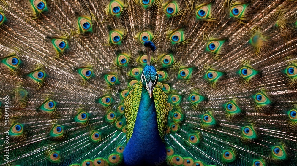Fototapeta premium A proud peacock displaying its feathers. AI generated