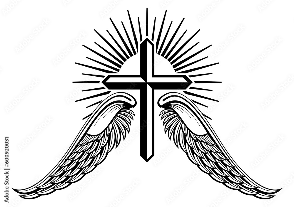 Fototapeta premium Shining cross engraving. Winged emblem. Holy sign